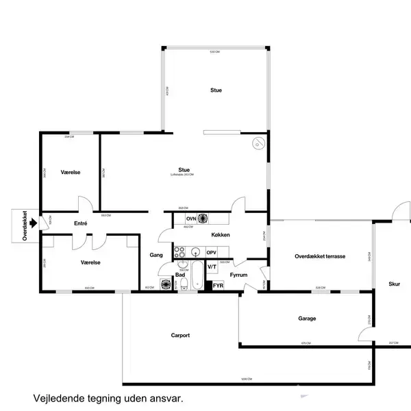 Plantegning viser en bolig med stue, to værelser, køkken, overdækket terrasse, gang og garage. Indgang til entre. Tekst: "Vejledende tegning uden ansvar". Nordpil øverst til højre.