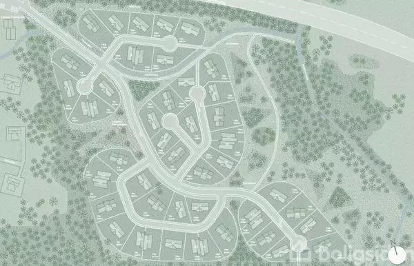 Byplanoversigt viser et kvarter med snoede veje, rundkørsler og rektangulære boligområder omgivet af træer. Vejnettet er detaljeret med forbindelser til omgivende hovedveje.