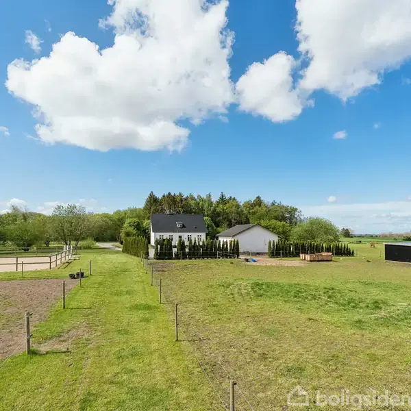 Hus står stille i en stor, grøn mark med træer og hegn omkring, belyst af klart solskin under en himmel med lette skyer.