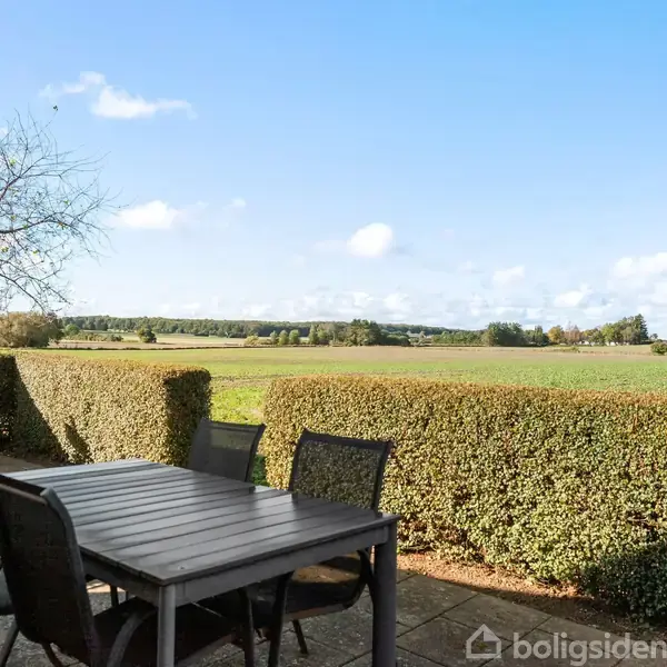 Et sort havebord med fire stole står stille på en flisebelagt terrasse. I baggrunden er der en grøn mark og en skyfri blå himmel. En hæk omkranser terrassen.