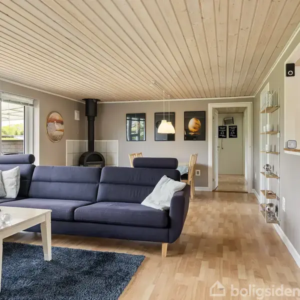En stue med en mørkeblå sofa står ved et sofabord. Rummet har trægulv og lofter med lamper. Store vinduer viser en terrasse udenfor. En brændeovn ses i baggrunden.