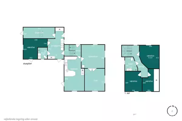 Plantegning viser stueplan og 1. sal. Stueplan inkluderer stue, køkken, bryggers, tre værelser, toilet og entre. Første sal har tre værelser og et bad. Kompas viser nordpil. Tekst: "vejledende tegning uden ansvar".