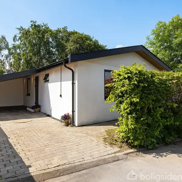 En hvid, moderne villa med sort tag står i en frodig have. Parkeringsplads foran huset har lyse fliser. Omkringliggende grønne træer og buske skaber en rolig og hyggelig atmosfære.