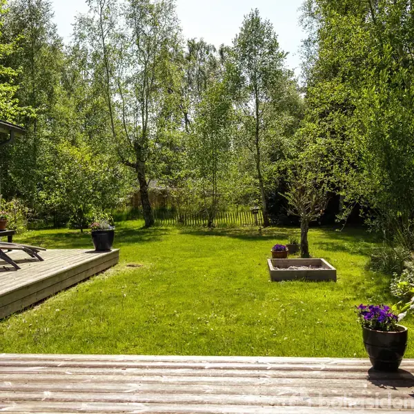 Terrasse med liggestole foran et hus, omgivet af en frodig have med træer og græsplæne. Blomsterkrukker står på terrassen, mens et hegn anes i baggrunden.