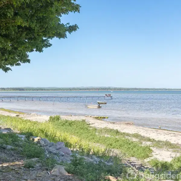Brændeovn står stille i lyse stue med kurvemøbler, vendt mod store vinduer. Udenfor ses terrassen med grill og udsigt til havet og have med træer.