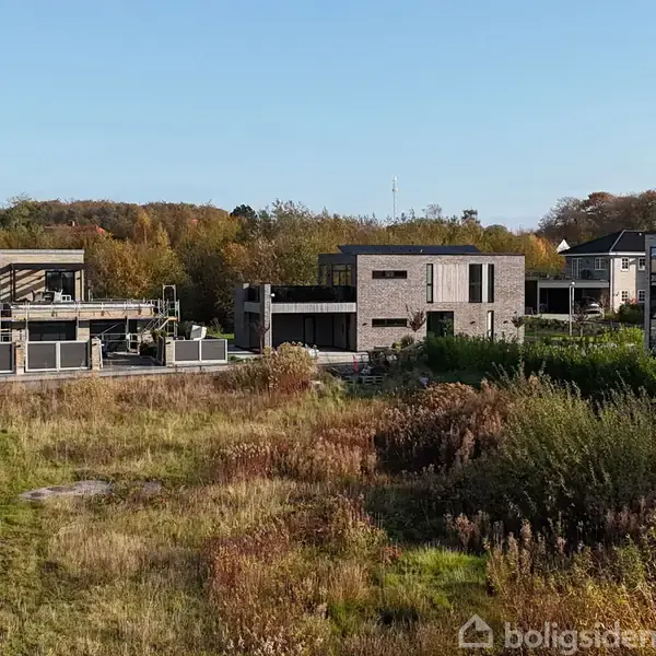 Moderne huse står roligt i et grønt, tilgroet område med marker og træer i baggrunden. Sollyset lyser landskabet op, og bygningerne har en kubisk arkitektur.