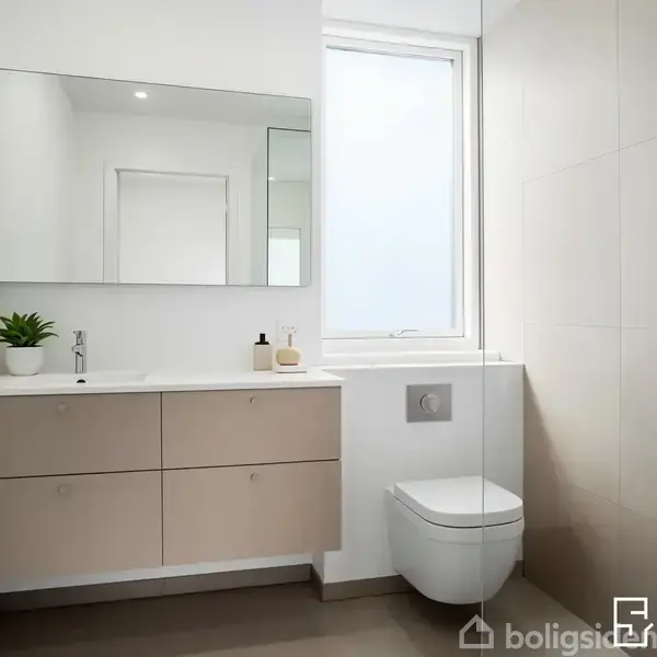 Et moderne badeværelse har en væghængt håndvask med skuffer og en stor spejl over. En potteplante og sæbedispenser står ved vasken. Ved siden af er et væghængt toilet.