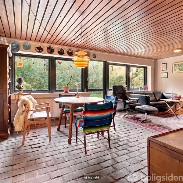 Et hyggeligt interiør med et bord og farverige stole placeret på et stengulv, flankeret af en sofa og lænestol ved store vinduer med udsigt til frodig grøn natur.