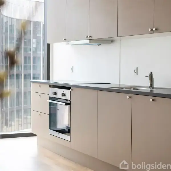 Et moderne køkken med lysegrå skabe, en indbygget ovn og en vask under en glasplade. Designet er minimalistisk, og store vinduer til venstre giver udsigt til en bygningsfacade.