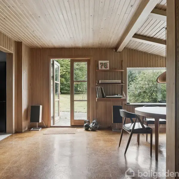 Et træbeklædt rum indeholder et rundt spisebord med stole. En dør og et stort vindue viser en græsplæne udenfor. En bogreol og en opslagstavle med tallet "78" ses i baggrunden.