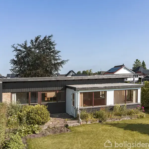 Et étplanshus i modernistisk stil med store vinduer vender ud mod en grøn have. Omringet af buske og træer, står huset i et villakvarter under en klar blå himmel.