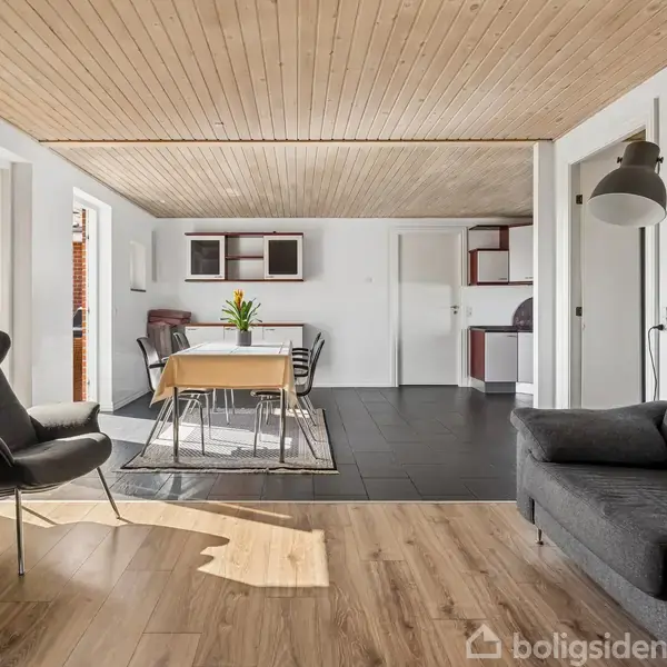 Stue med mørke lænestole og grå sofa på trægulv, spisebord med stole på tæppe, lyse trælofter og hvide vægge. Plante står ved siden af bordet, køkken i baggrunden.