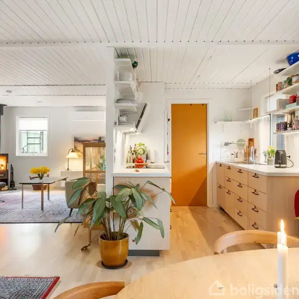 Stue og køkken i åben planløsning; stue med brændeovn og tæppe. Køkkenet har træskabe, stearinlys på bordet og farverige blomster. Pottet plante ses i midten.