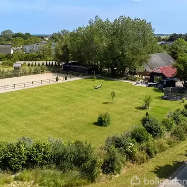 En grøn græsplæne med en hængekøje i midten. I baggrunden ses et hus med en trampolin og træer omkring, og en horisont med sporadiske bygninger. Ingen tekst.