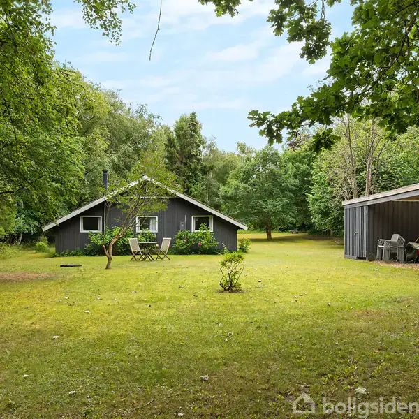 Et sort træhus står stille omgivet af frodig skov. Foran huset er en græsplæne med et bord og stole. Til højre ses en carport med en bil.