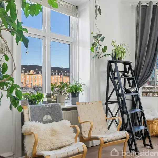 To lænestole med puder står ved vinduet i dagligstuen. En sort hylde med planter er placeret ved siden af. Store vinduer giver udsigt til bygninger udenfor.