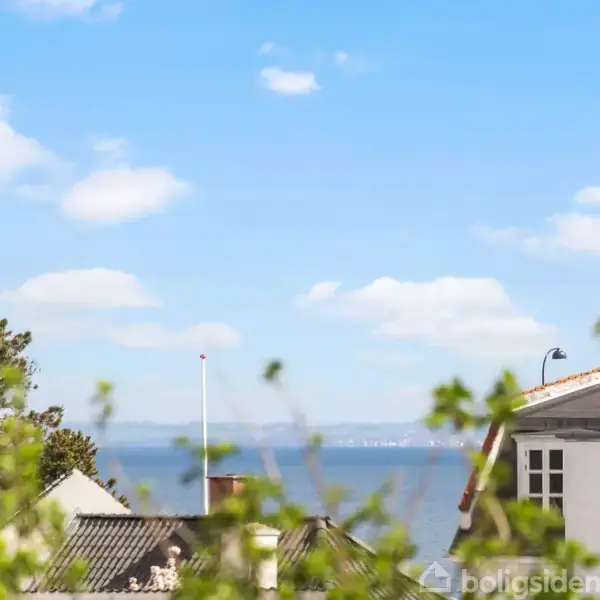 Huse ligger på en bakke med skrånende tage mod en klar blå himmel og kystvand i baggrunden. Grønne blade er i forgrunden.