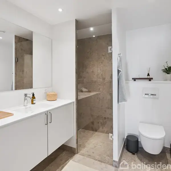 Badeværelse med en hvid vaskebænk og spejle, brusekabine til venstre med glasdør, toilet til højre, og en plante på hylde. Rummet er lyst og moderne.