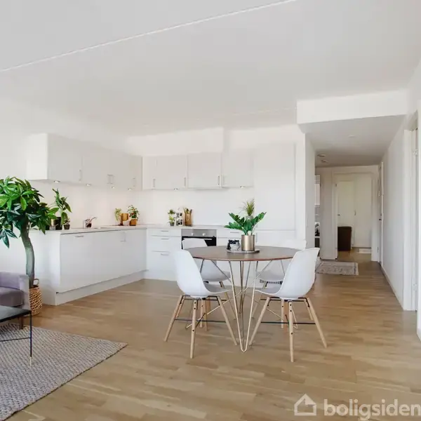 Lys stue-køkken med hvidt interiør; spisebord med to stole i forgrunden; sofa og planter i baggrunden. Trægulv og indbygget køkkensektion til venstre.