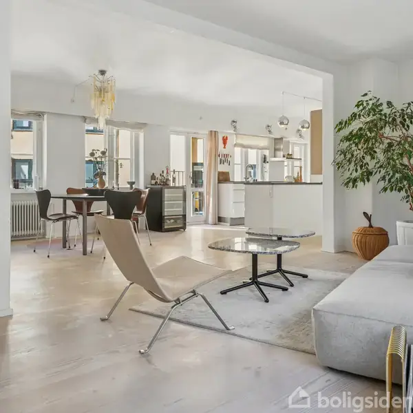 Stue med moderne møblering, hvor en lænestol og sofabord står på et tæppe. I baggrunden er der spisebord, køkkenø og vinduer, der giver naturligt lys. En stor plante står ved sofaen.