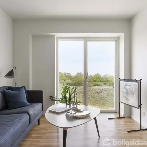 Sofa med blå puder står ved et sofabord med bøger og planter. Store glasdøre åbner mod en grøn udsigt, omgivet af en minimalistisk indrettet stue med lys trælaminatgulv.