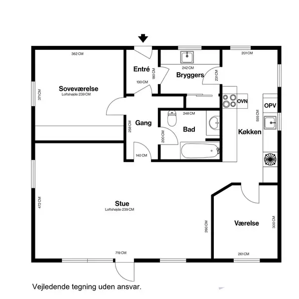 Skitse af en bolig viser et layout med entre, bryggers, køkken, bad, stue, soveværelse og værelse. Tekst: “Vejledende tegning uden ansvar.”