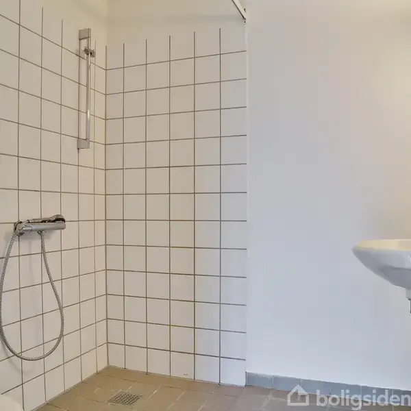 Brusenichen har hvide fliser og en håndbruser mod en væg. Vasken er placeret til højre. Rummet er en typisk, moderne badeværelse.