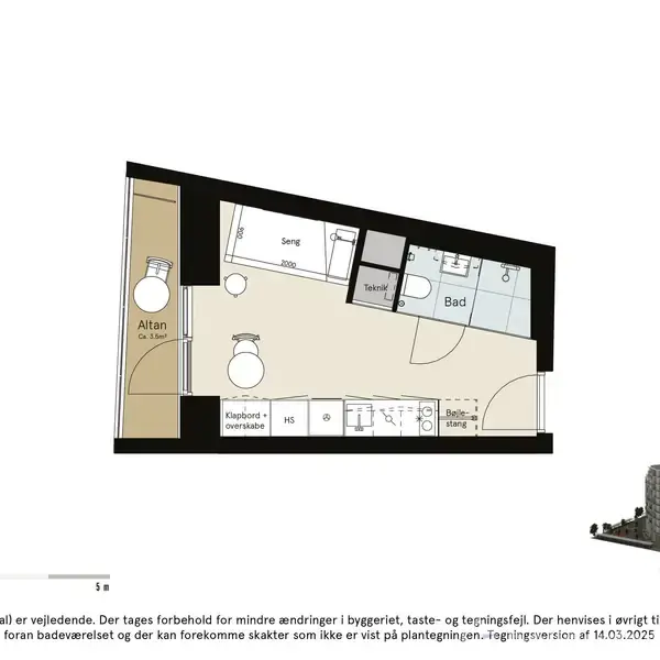 Plantegning af en lejlighed med et rum indeholdende seng og sofa, køkkenområde og bad. Til venstre er der en altan. Tekst: "LEJLIGHEDSTYPE B", "55 m²", "archouse AARHUS". Illusion af bygning til højre.