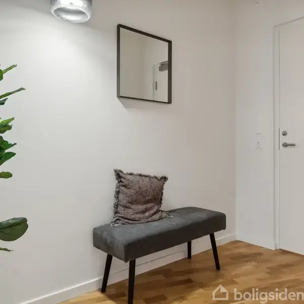 En bænk med en pude står i en entré. En plante står til venstre, et spejl hænger på væggen, og en dør ses til højre.