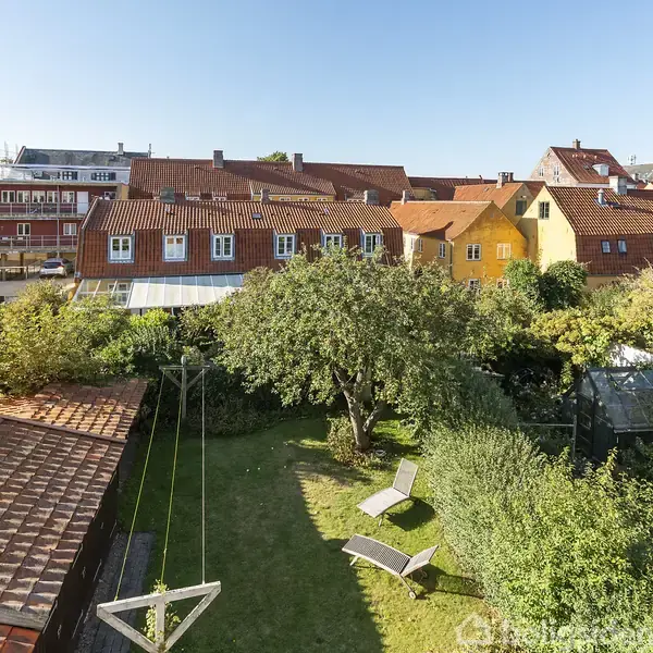 En grøn have med en solbeskinnet græsplæne, et stort træ og to liggestole. I baggrunden ses røde og gule rækkehuse med tegltage under en klar blå himmel.
