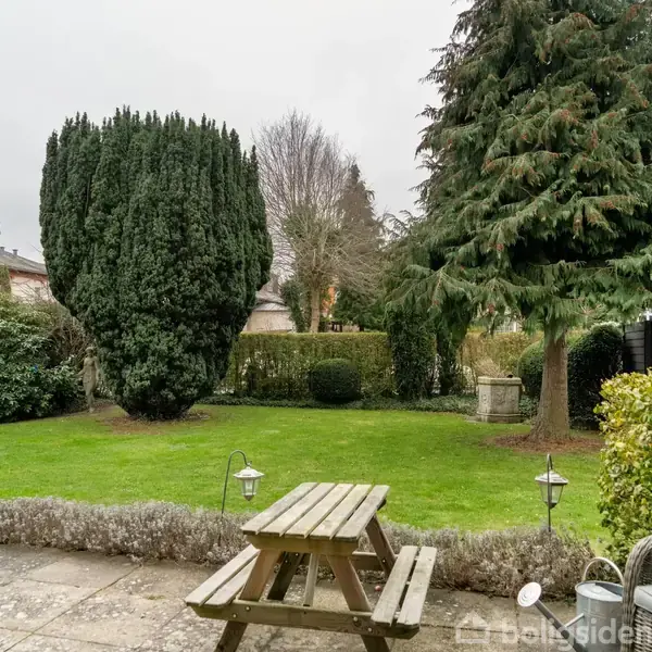 En træbænk står på en flisebelagt terrasse. Omgivelserne består af en velplejet have med store træer og buske, der skaber en grøn, frodig atmosfære.