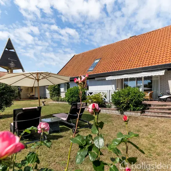 Hus med rødbrunt tegltag står i en have med lyserøde roser og terrasse med parasol. To liggestole er placeret på græsplænen under en blå, skydækket himmel.