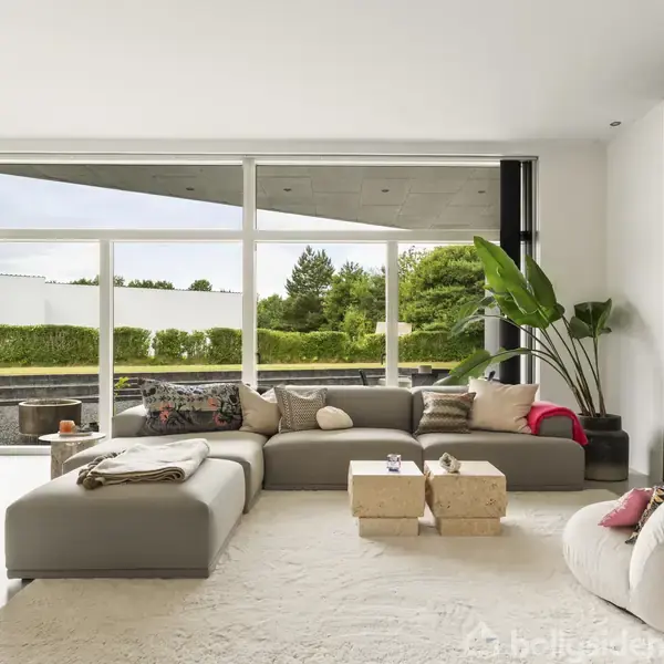 Stor, grå sofa står i centrum og vender mod store vinduer, der slipper naturligt lys ind. Ved siden af står en grøn plante, og udenfor ses en have med buske og træer.