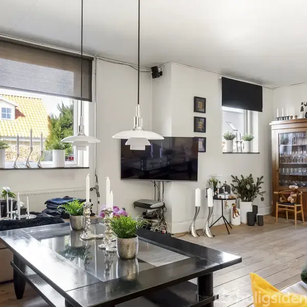 Stue med sort glasbord og hvide lamper over. Sofa og planter omkring bordet. Fladskærms-tv på væggen. Lyst rum med trægulv, store vinduer og skabe.