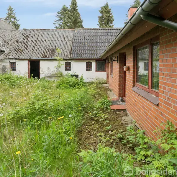 En rød murstensbygning står til højre, mens en hvid bygning ses længere væk. De er omgivet af en frodig have med højt græs og vilde blomster under en blå himmel.