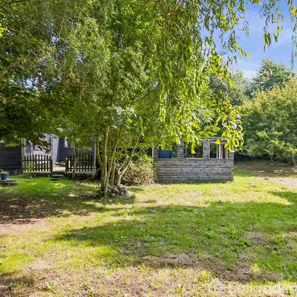 Træhus står stille i en grøn have med græs og store træer omkring. Flere buske og skov omkranser stedet og skaber en fredelig atmosfære.