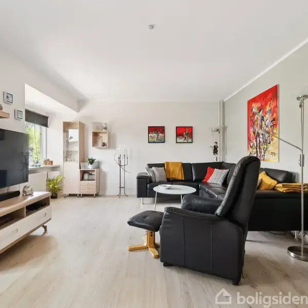 Sofaarrangement står i en moderne stue med lyse trægulve. To farverige malerier hænger på væggen. Der ses også en fladskærms-tv og et barbord med flasker i hjørnet.