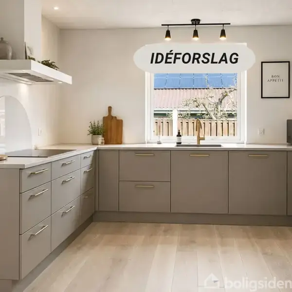 Gråt køkken med skuffer og skabe, træplade ved vasken under et vindue. Over er tekst: "IDÉFORSLAG." Moderne indretning med planter og kunstværk. Vægtekst: "BON APPÉTIT."
