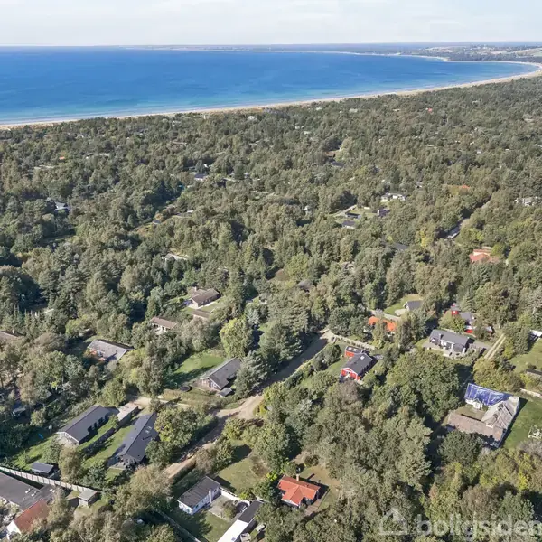 Kystnært kvarter med huse spredt blandt mange træer. Huse i forskellige størrelser er synlige, omgivet af tæt skov. I baggrunden ses en kystlinje og hav.