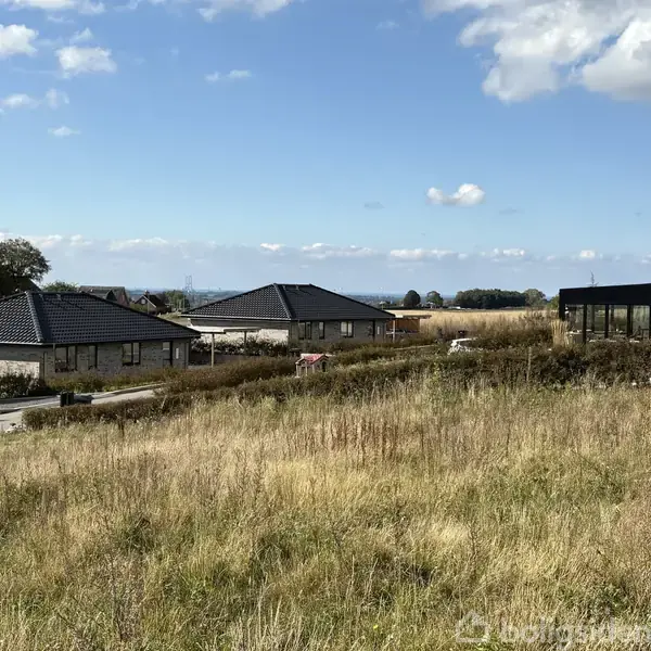 Flade, sorte taghuse står stille i en landlig boligudstykning omkranset af højt græs og åbne marker under en blå himmel med lette skyer.