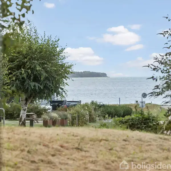 En have omkranset af træer åbner mod en udsigt over havet. Græsset i forgrunden og en klar blå himmel skaber en fredelig atmosfære nær et hus med tag.