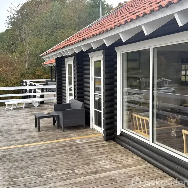 Sort træhus med store vinduer og rødt tag. Terrasse med borde og stole, omgivet af træer. En hund kigger ud gennem vinduet.