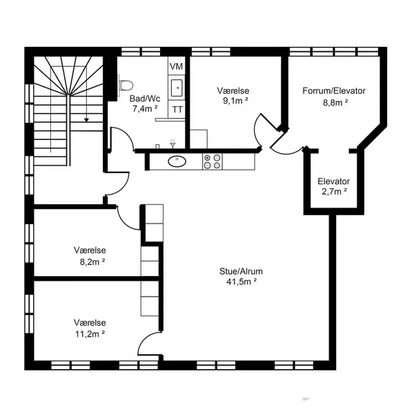 Grundplan over lejlighed med tre værelser (8,2m², 9,1m², 11,2m²), bad/WC (7,4m²), stor stue/alrum (41,5m²), samt elevator (2,7m²) og forrum/elevator (8,8m²).