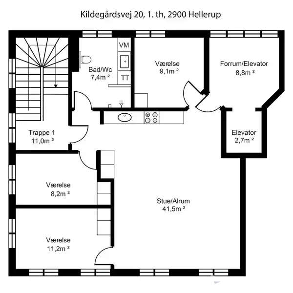 Plantegning af en lejlighed viser tre værelser, et badeværelse, køkkenet i en stue/alrum, trapper og elevatorer. Målene er: Trappe 11,0 m², Bad/Wc 7,4 m², Værelser 8,2 m², 11,2 m², 9,1 m², Stue/Alrum 41,5 m², Forum/Elevator 8,8 m², Elevator 2,7 m². Adresse: Kildegårdsvej 20, 1. th, 2900 Hellerup.