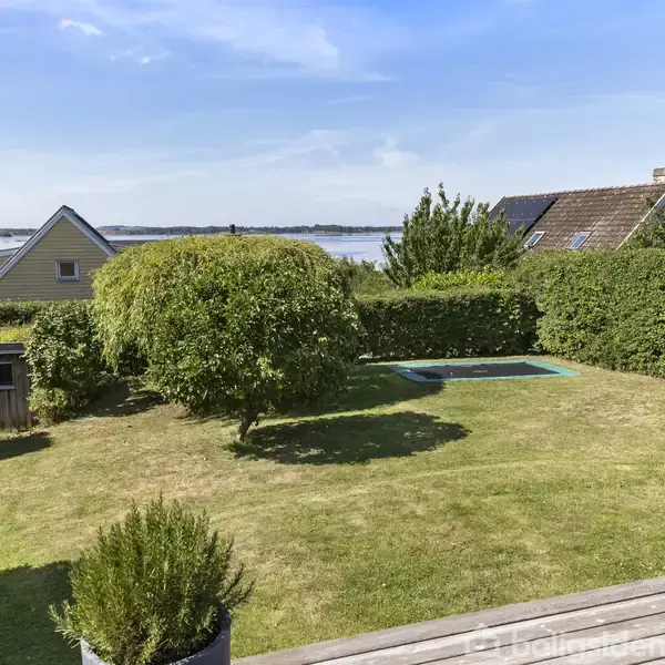 En grøn have med en græsplæne rummer et mellemstort træ, omgivet af hække. I baggrunden ses et par huse og udsigt til en sø eller fjord under en blå himmel.