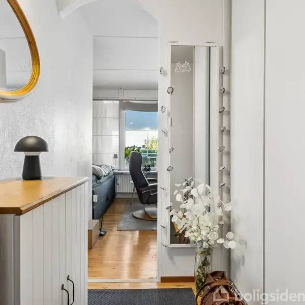 Dør åbnes til en gang med et skab og en lille lampe. Gangen fører ind til en stue med sofa og vindue. Spejl på væggen, planter omkring.