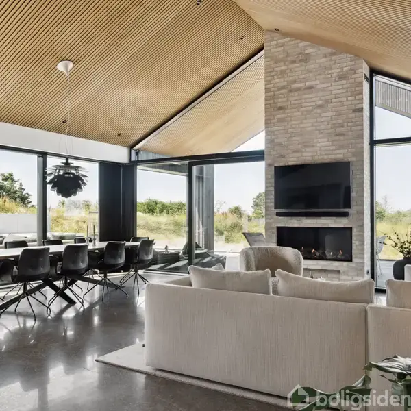 Stue med sofa og spisebord i en moderne, lys bygning. Store vinduer slipper naturligt lys ind. Væggene er af mursten, og der er monteret en fladskærm over en pejs.