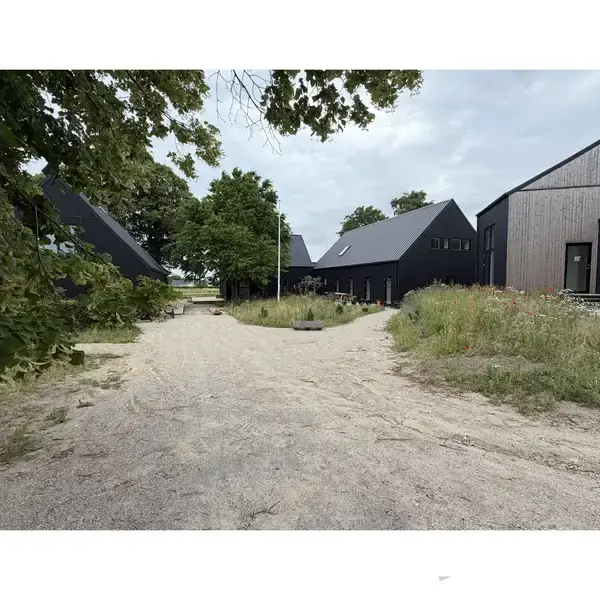 Grusstierne fører til moderne sorte træhuse i et grønt område med træer og græs. Husene har skrå tage og store vinduer. Ingen tekst er synlig.