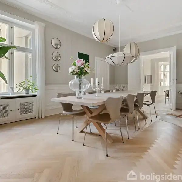 Spisebord med stole står i en elegant stue med lyse trægulve. Store vinduer lukker lys ind, og grønne planter dekorerer rummet. To moderne lamper hænger over bordet.