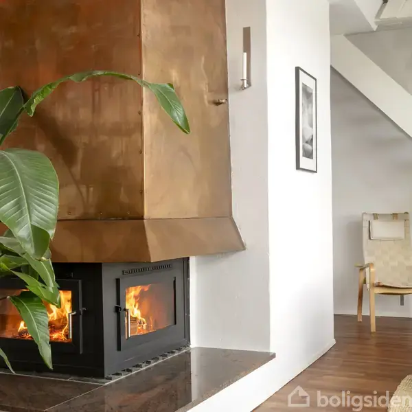 Brændeovn i metal opvarmer stue med synlige flammer; omkranset af en grøn plante. Til højre ses en hvid væg med et sort-hvidt billede og en stol i baggrunden.